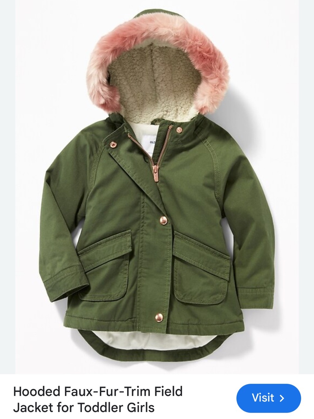 NWOT Old Navy Toddler Girls Olive Green Hooded Jacket with Pink Faux-Fur Trim